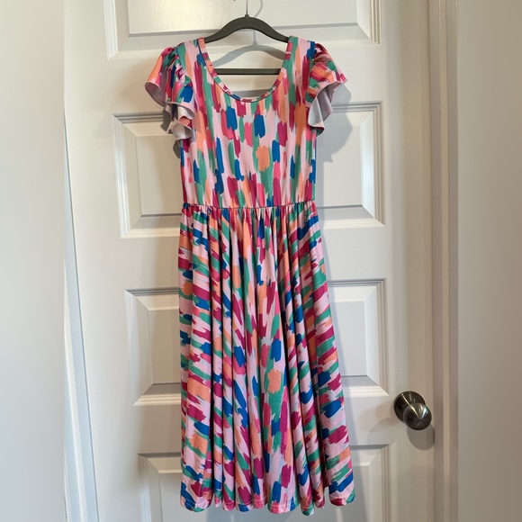 Dot Dot Smile Girls Rainbow Brushstroke Flutter Sleeve Dress - EUC - Picture 1 of 3